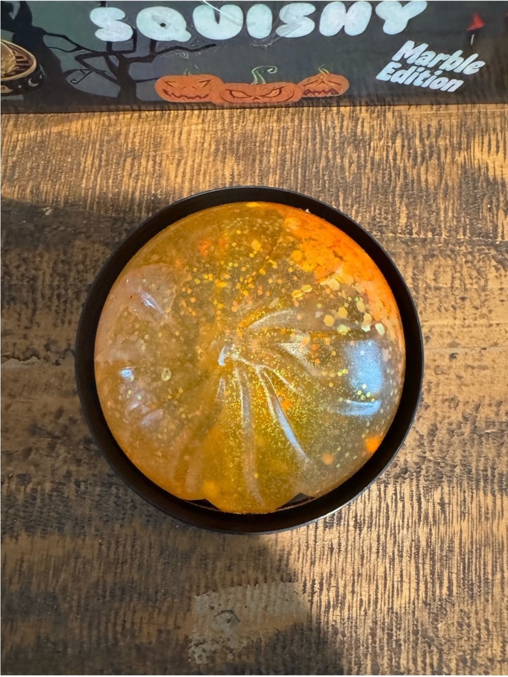 Halloween Pumpkin Dumpling Glitter Squishy w/ Storage Case - Orange Sensory Toy - Picture 4 of 8